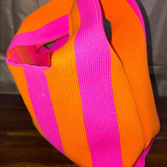 H&M Mini Striped Hobo Bag Neon Orange Pink Stretch - Picture 2 of 10